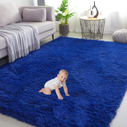 Gsogcax Rugs Living Room 4'×5.3' Super Soft Fluffy Area Rugs for Bedroom Shaggy Anti-Skid Comfortable Large Rugs Indoor Modern Home Decor Floor Carpet - Royal Blue 120x160