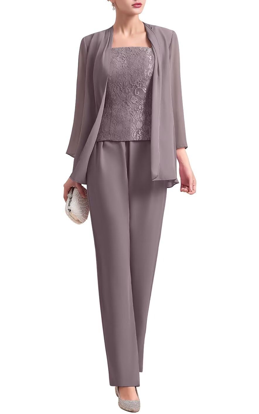 3 Pieces Mother of The Bride Pant Suits for Women - Chiffon Long Sleeve Lace Wedding Formal Evening
