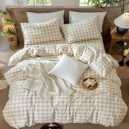 Image of MooMee Gingham Duvet Cover Set 100% Washed Cotton Linen Like
