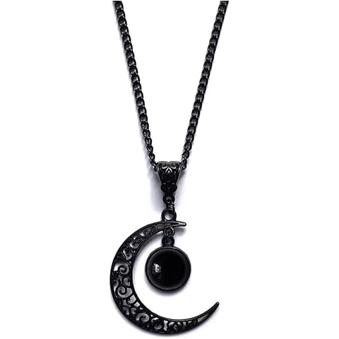 Gothic Vintage Black Crescent Moon Pendant Necklace with Purple Crystal - Goth Jewe...
