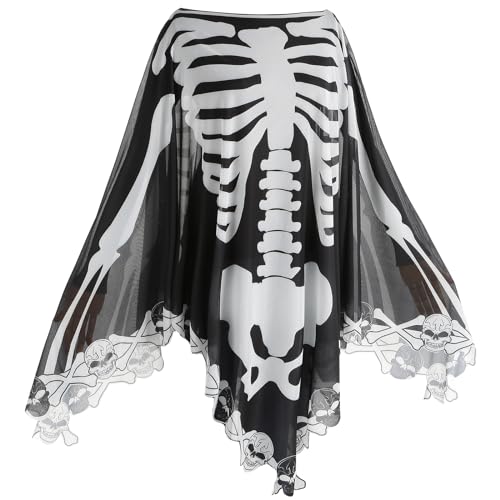 maxToonrain Halloween Ghost Costume Lace Skeleton Poncho Ghostly Spirit Day Of The Dead Scary Fancy Dress with Bat Mask 150x150CM(Skull and Bone, Black) - Image 2