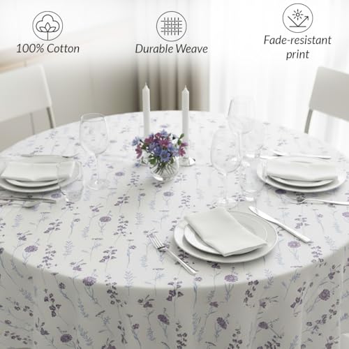 Image of HOMEMONDE 100% Cotton Premium Dining Round Table Cover, 45 x 45 Inches Floral Printed Table Cloth 4 Seater, Round Table Cover - (114 X 114 cm, Blue & Purple)