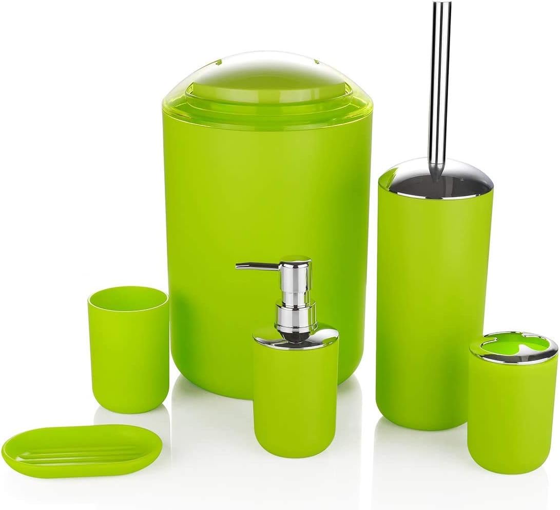 6 Pcs Plastic Bathroom Accessory Set Luxury Bath Accessories Bath Set Lotion Bottles, Toothbrush Holder, Tooth Mug, Soap Dish, Toilet Brush, Trash Can, Rubbish Bin (Green)