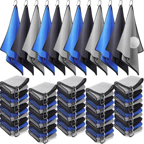 Batiyeer Golf Towels Bulk for Bags 16x16 Microfiber Waffle Pattern Golf Towel with Clip for Tournament Club Fitness(Black Gray Blue 50 Pcs)