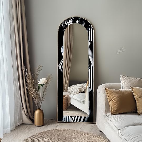 Muse monocromatica da 63,5 x 160 cm (larghezza x altezza), specchio da pavimento nero e bianco ad arco a tutta lunghezza - Specchio da pavimento colorato con cornice nera con