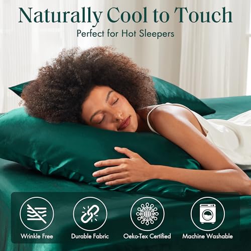 Image of Madison Park Essentials Satin Pillowcase Set of 2, Silky, King Emerald