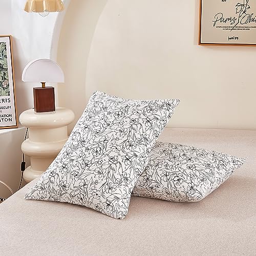 Image of ECOCOTT 2 Pack Pillowcase Queen Size with White & Black Floral Pillow Cases Set, 100% Cotton Queen Pillow Covers Envelope Closure (Queen, 20 inchx30 inch)