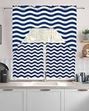 LOT BASIC Navy Blue Stripes Kitchen Tier and Swag Window Curtain Set for Small Window 24 Inches Length, Modern Simple Abstract Water Riiple Rod Pocket Light Filtering Window Treatment Swags Tier Set