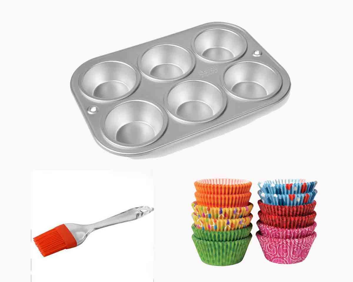 Bakers Paradise Aluminium 6 Cup Muffin/Cake Tray, 10 Inches, Silver with Mini Muffin Paper Cup Liners (10cm) - Set of 100 & Pastry Brush.