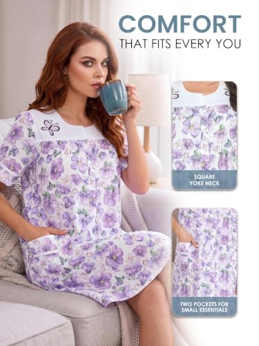 Image of Casual Nights Women's Snap - Front House Dress Short Sleeve Woven Housecoat Duster Lounger Robe with Pockets