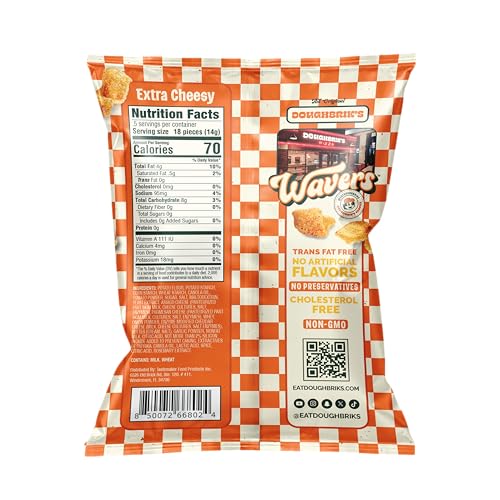 Image of WAVERS by Doughbrik's Snacks, Extra Cheesy Flavor 0.5 oz Bags, Crispy Crunchy Texture Perfect Anytime Snack Made in the USA (6-Pack)