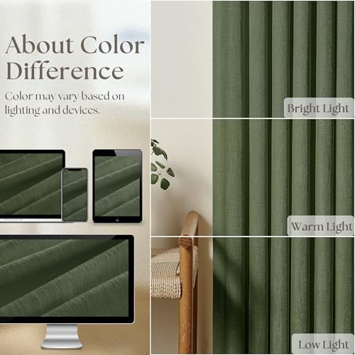 Image of TWODRAPES Olive Green Pinch Pleated Linen Curtains 92 Inches Long 2 Panels for Living Room Bedroom Semi Sheer Pinch Pleat Drapes with Hooks Rings Boho Farmhouse Light Filtering Window Curtain 40x92