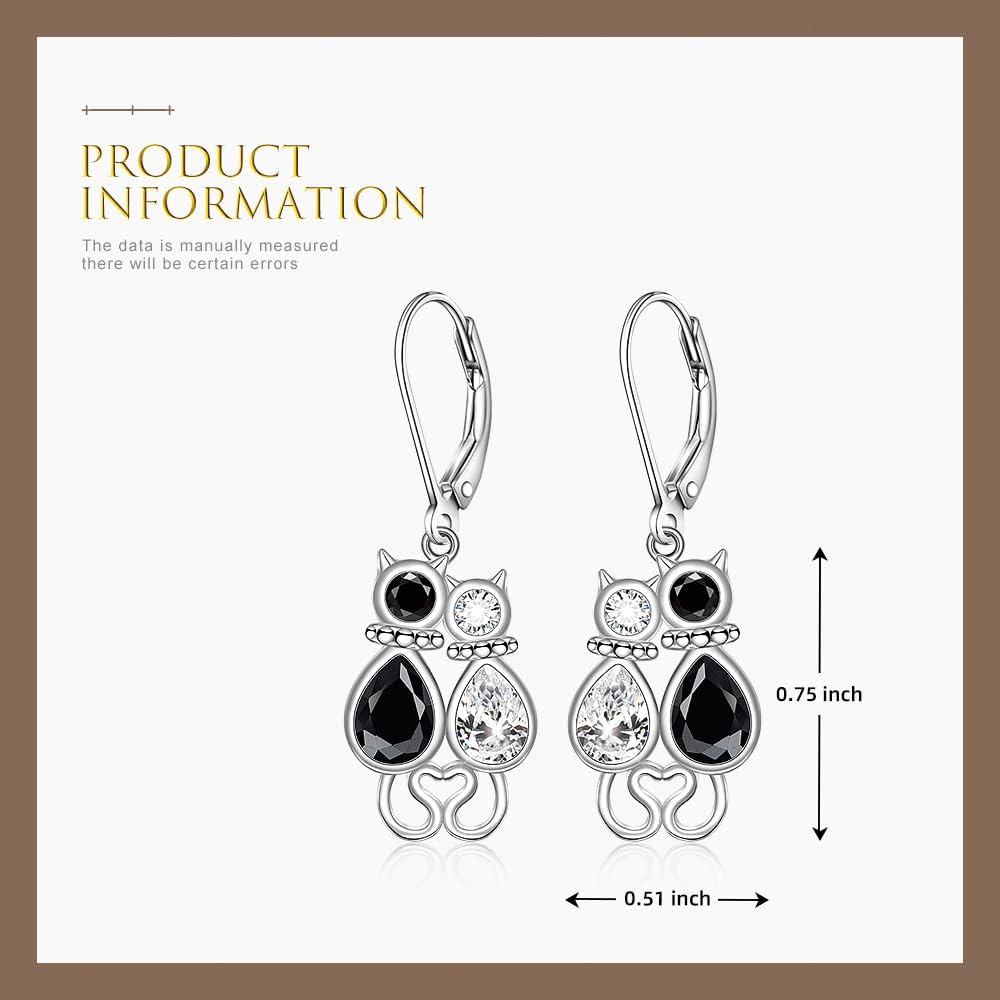 Cute Cat Earrings Dangle Sterling Silver Black and White Kitty Earrings Sparkly Pet Cat Lover Gifts Valentines Day Christmas Novelty - Image 3