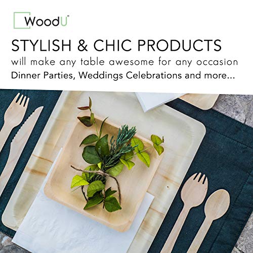 Woodu Wooden Disposable Craft Plates-100 Natural, Bamboo, Square Plates, Heavy Duty, Compostable &Biodegradable, Eco Friendly Party Plates (5.5" X 5.5" Appetizer Plate). #TOP4