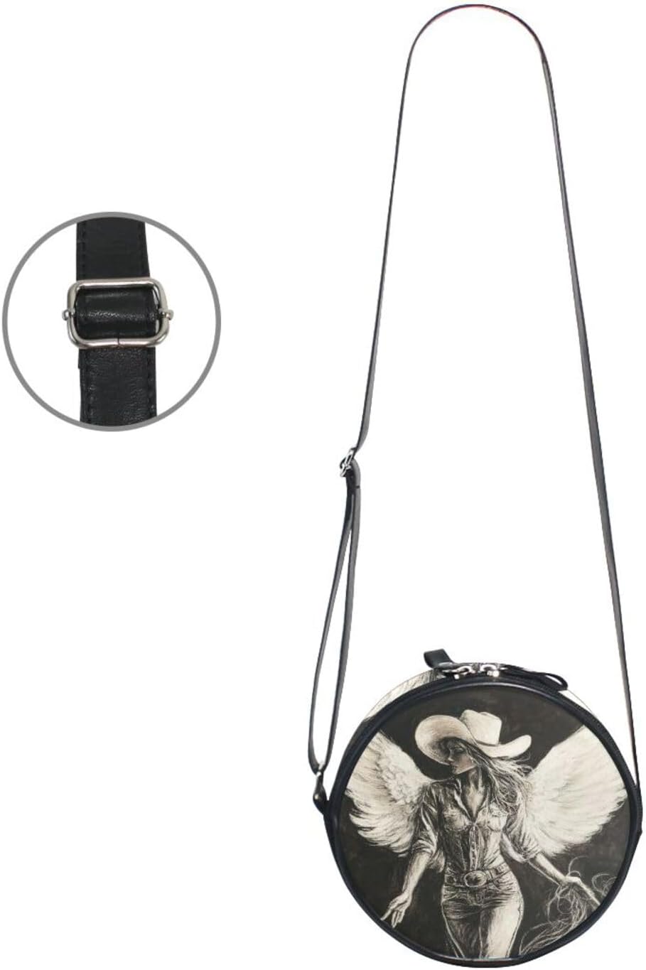Cowgirl with Wings Round Mini Crossbody Bag Womens Beauty with Adjustable Strap Shoulder Bag Walk the dog Canvas Messenger Purse - Image 3