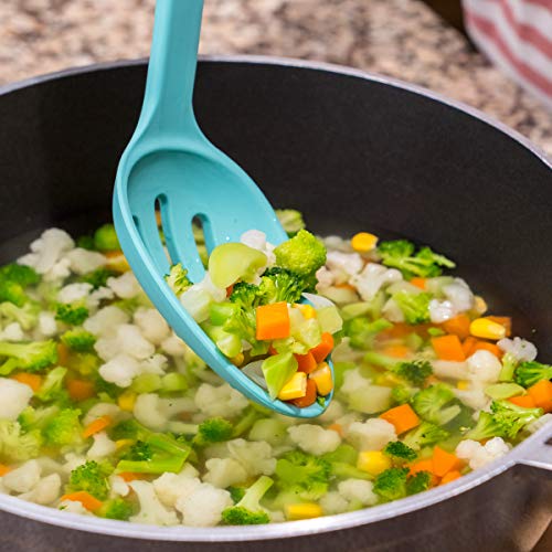 Culinary Couture Aqua Sky Silicone Cooking Utensils Set - Sturdy Steel Inner Core - Spatula, Mixing & Slotted Spoon, Ladle, Pasta Server, Drainer - Heat Resistant Kitchen Tools - Bonus Recipe Ebook #TOP3