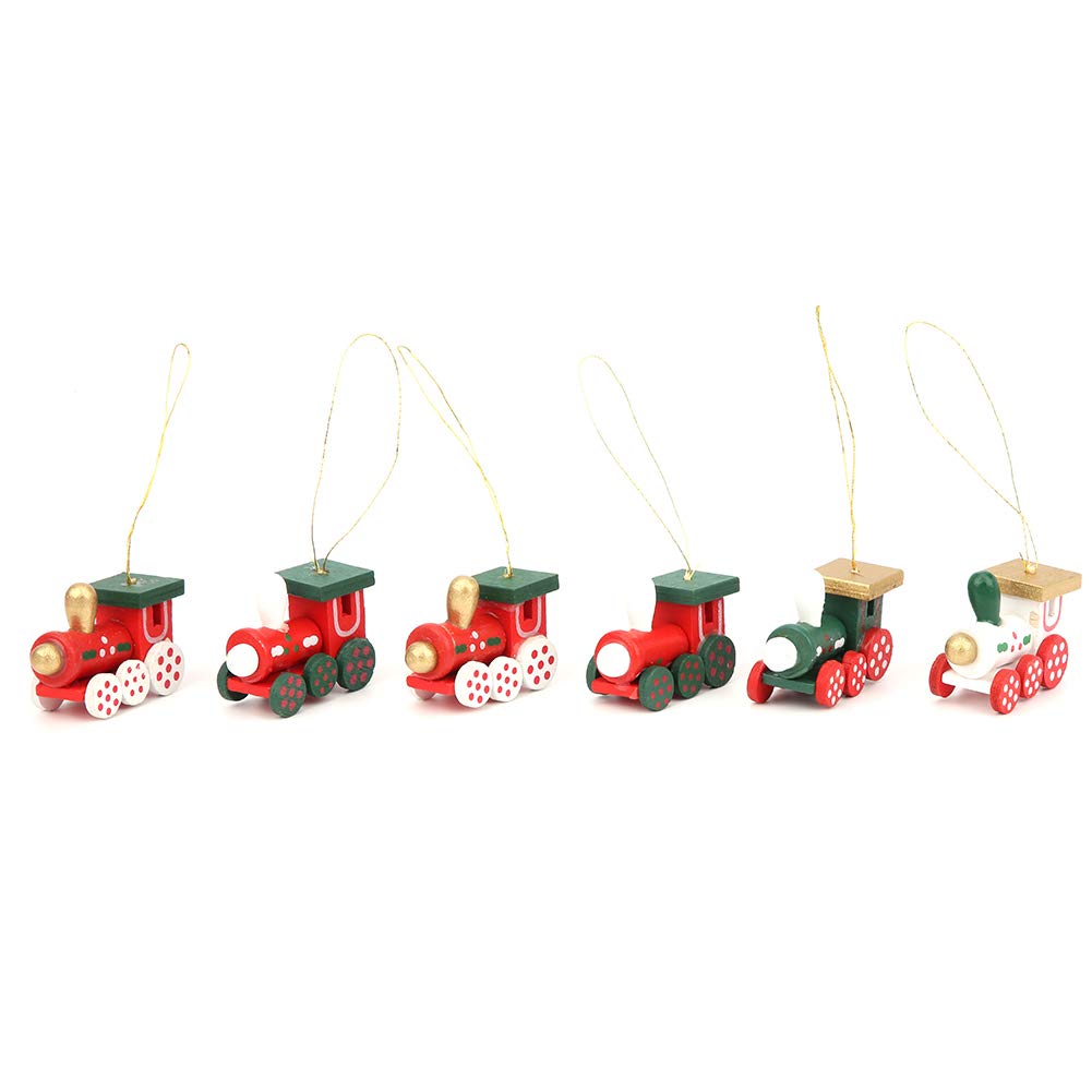 Bonbela 6pcs Wooden Trains Hanging Decoration Toy Christmas Ornaments Holiday Party Decor for Tree Fireplace Yard with Shiny Festive Design (Small pendant train)