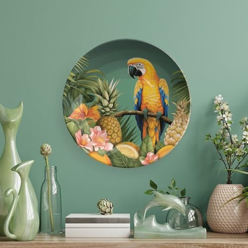 Plato decorativo de cerámica estampado piña y loro de porcelana 6