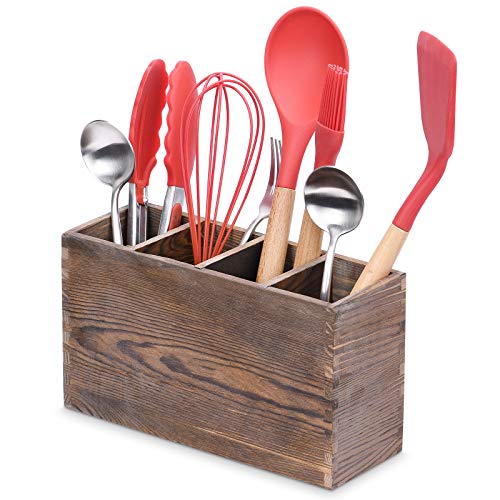 Porte-couverts en Bois, Range Couverts Vertical Pot à Couverts Bois, 4 Compartiments Réglables Organisateur de Cuisine pour Ustensiles Cover