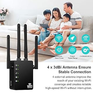 Répéteur WiFi Longue portée, Amplificateur WiFi AC1200 Double Bande 2.4GHz et 5GHz avec 4 Antennes Externes, Wifi Extender Mini Puissant avec 2 Port Ethernet, jusqu'à 120㎡ compatible toutes Box