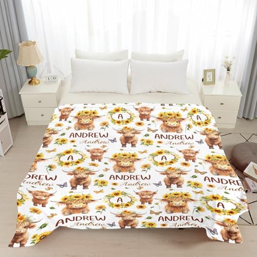 Image of Cow Throw Blankets with Name, Cute Cow Gifts for Boys Girls,Lightweight Flannel Highland Cow Pattern Quilt for Sofa,Chair, Bed, 60 inchx80 inch for Adults