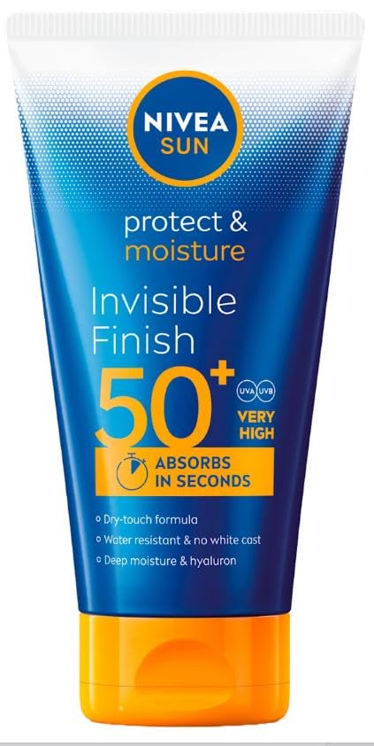 NIVEA SUN Protect & Hydrate Invisible Finish SPF 50+ 150 ml, 50 ml, szybko wchłaniający się i niewidoczny środek do opalania, wodoodporny krem przeciwsłoneczny 50+ z nawilżającym kwasem hialuronowym