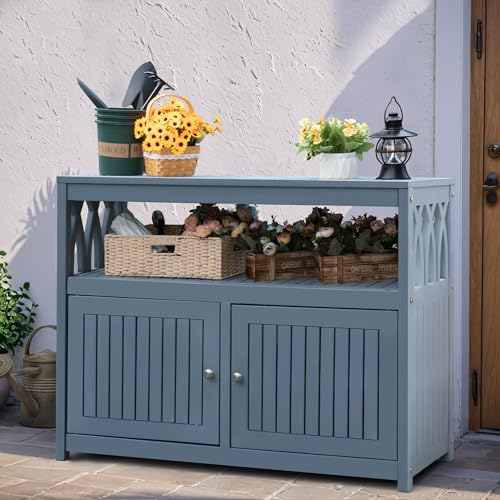 Greesum-2-Tier-Outdoor-Storage-Cabinet-in-Acacia-Wood-with-2-Magnetic-Doors-for-Garden-Picnic-Buffet-TV-Stand-or-Bar-Table-Grey Greesum 2 Tier Outdoor Storage Cabinet in Acacia Wood with 2 Magnetic Doors for Garden Picnic Buffet TV Stand or Bar Table Grey