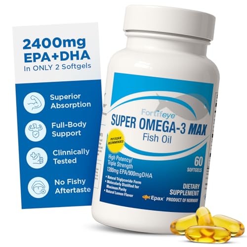 Fortifeye Super Omega-3 Max Fish Oil - 60 Count - Quadruple Strength Ultra-Pure rTG Omega-3-2400mg...