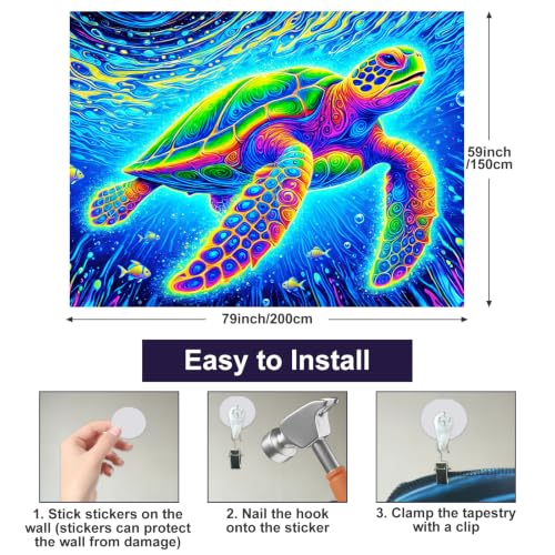 Image of BlissYard Blacklight Tapestry 78x59 Inch Sea Turtle Glow in the Dark Trippy Ocean Wall Art UV Reactive Neon Psychedelic Turtle Tapestry for Bedroom Dorm Party Wall Hanging Decor