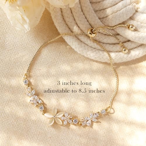 Dainty Gold Flower Bracelets for Women, Trendy Sparkly Adjustable Non Tarnish Box Chain Opal Marquise Rhinestone Slider Bracelet Spring Prom Holiday Jewelry Gift3