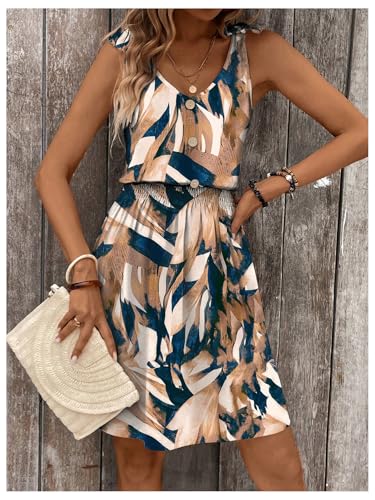 Image of SOLY HUX Women's Summer Sleeveless V Neck Short Dresses Printed A Line Beach Dress Flowy Sundress Blue Khaki Multi Medium