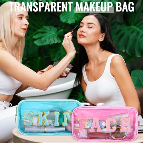 Hillban 4 Pieces Chenille Letter Cosmetic Bag Set Nylon PVC Clear Waterproof Makeup Pouch Stuff Hair Travel Bag Multi Purpose Aesthetics Toiletry Organizer for Women Gym Travel Beach (Light Colors)4