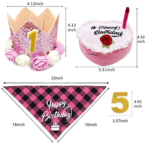 Pet Show Small Dog Birthday Hat Crown And Bandana Set Pink For Girls With Puppy Crown Hat And Heart Plush Cake Toy With Bell Inside Doggies Happy Birthday Party Supplies #TOP1