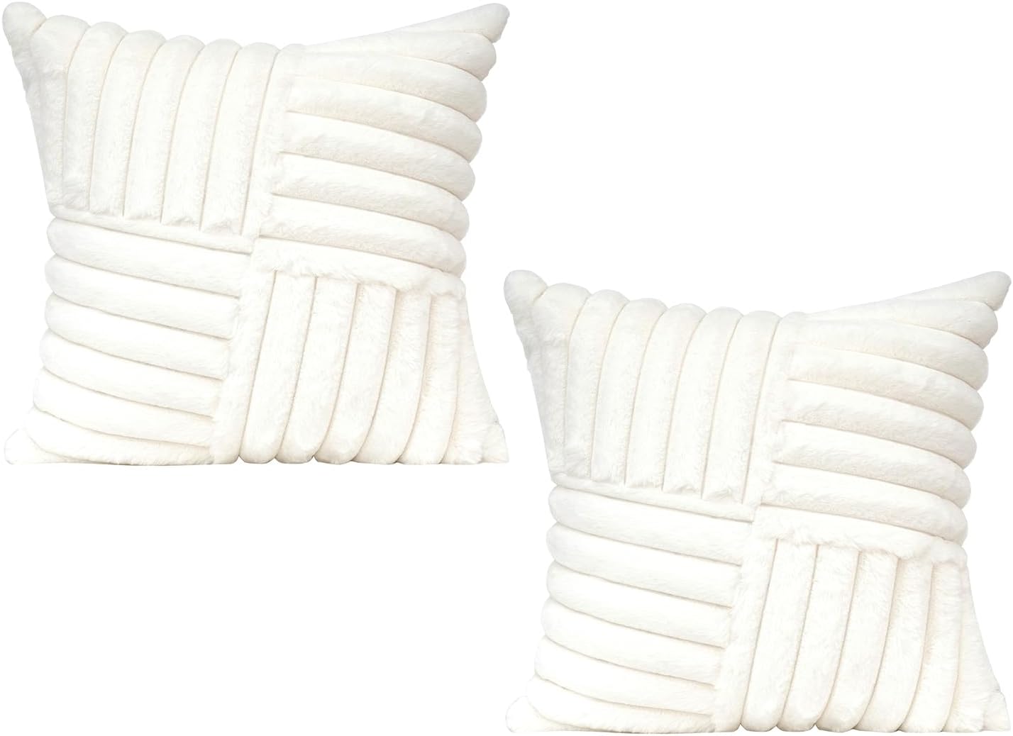 All Smiles Couch Decorative Throw Pillow Covers 16x16 Set of 2 Faux Fur Plush Soft Fluffy Velvet Cushion Case Cozy Fuzzy Striped Pillowcase Home Decor for Bed Sofa Living Room,Cream White - Image 2