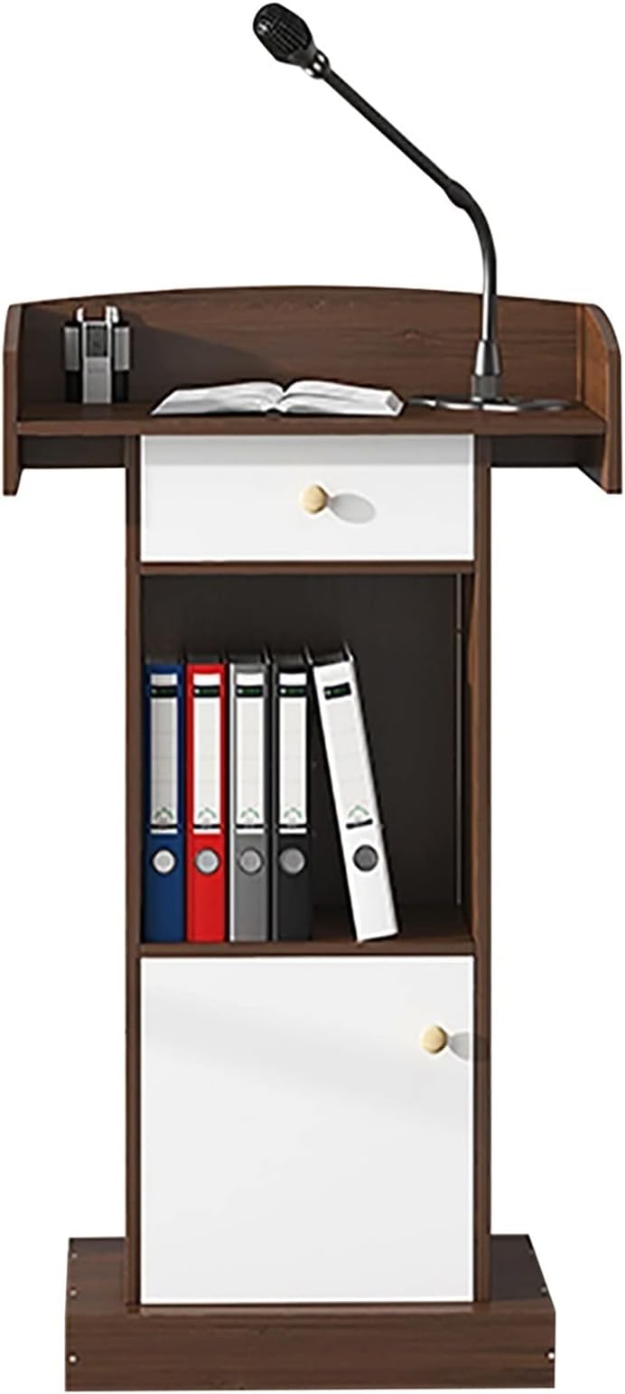 ZIMGOD Standing Pulpit Podium Stand, Brown & White Lecture Podiums, Including Drawer and 2 Storage Room and Door, School/Teacher/Church Lectern