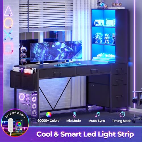 Image of SEDETA Computer Gaming Desk with 5 Drawers and Bookshelf, Reversible Home Office Desk with Storage Shelves and File Drawer, Corner Desk with LED Lights for Small Spaces, Black