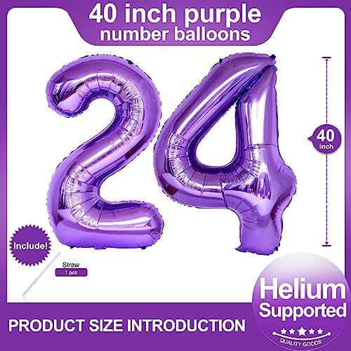 Image of Number 24 Purple Balloons 40 Inch Giant Purple 24 Number Foil Helium Balloons for 24th Purple Birthday Party Supplies 42th Anniversary Events Decorations