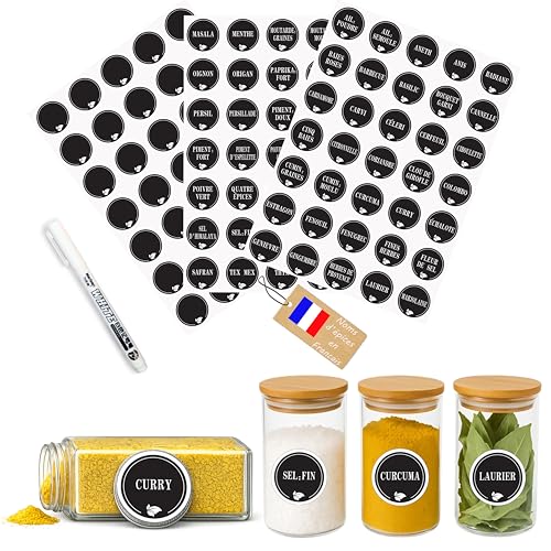 Étiquettes Épices Français Rondes – 105 Stickers Autocollants Noirs Ø38 mm – Marqueur Blanc Inclus – Pour Bocaux Cuisine, Étanches et Lisibles