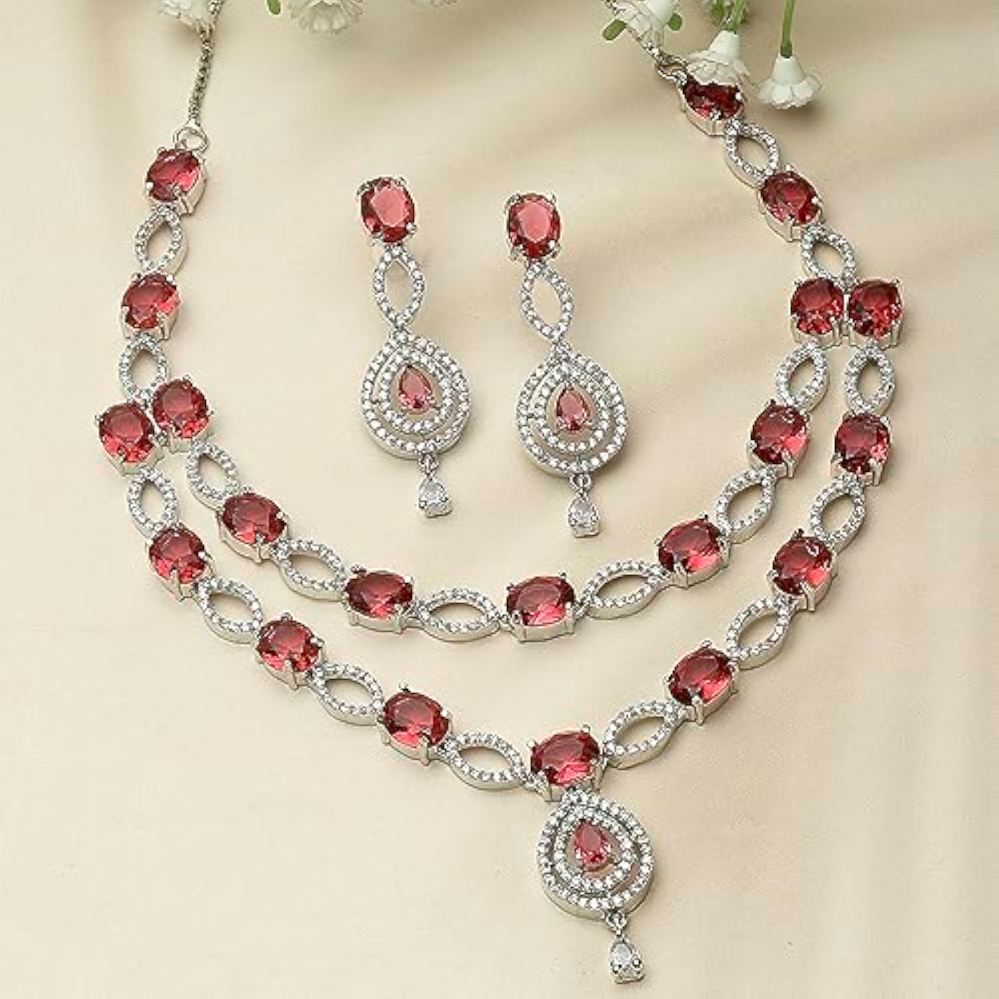 Rhodium-Plated Abstract Necklace Set with Earrings
