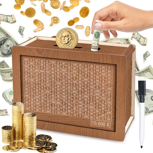 Lukinuo Cash Saver Box Cash Vault Wooden Savings Box Money Box with Counter Wooden Cash Storage Bank Retro Cash Saver Wooden Money Jar Piggy Bank with Numbers Tick for Children and Adult(10000 Dollar)