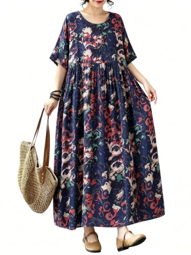 Image of Women Plus Size Casual Dresses Floral Printed O Neck Short Sleeves Summer Oversized Dresses Boho Loose Fitting Wear