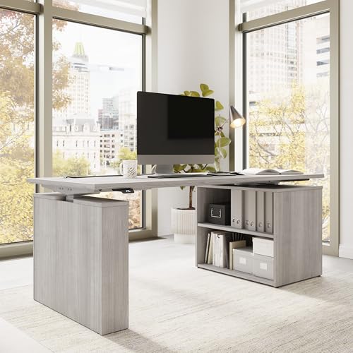 Image of Bush Business Furniture 72-inch Electric Height Adjustable Standing Desk with Bookcase, Ergonomic Sit-Stand Computer Table for Office, Stratus Collection, Platinum Gray with Metallic Gray Base