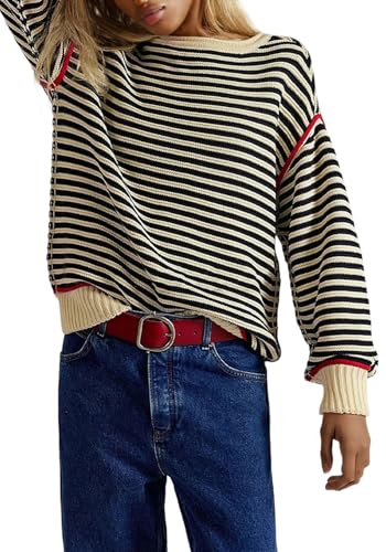 LKOUS Women Casual Oversized Striped Sweaters Long Sleeve Crewneck Sweatshirt