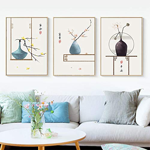 Peinture minimaliste vase à fleurs et affiche style chinois, décoration salon triptyque toile 40x60