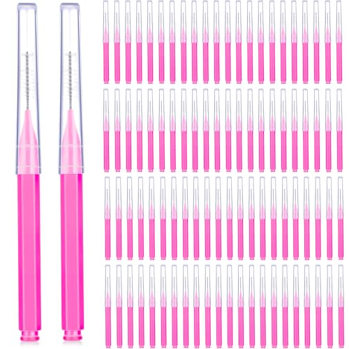 Image of Patelai 100 Pieces Braces Dental Brush for Cleaner Interdental Toothpick Dental Tooth Flossing Head Oral Hygiene Flosser Toothpick Cleaners Tooth Tool(Pink,Portable Size)