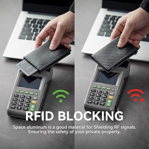 Slim Wallet for Men - Pop up Card Holder RFID Blocking Minimalist Business Credit Card Wallet with Money Pocket Metal Card Case for 7-10 Card Capacity (carbon fiber red)4