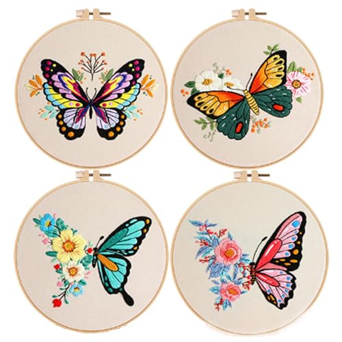 Image of Huacan Embroidery Kits for Adults Beginner Stamped Butterfly Pattern 4 Pcs DIY Cross Stitch Flower Stitching Sewing Kit 7.9 x 7.9 Inch