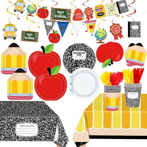 129PCS Apple Pencil Back to School Party Supplies Serves 20, Preschool Kindergarten First Day Classroom Decor Kit Plates Cups Napkins Cutlery Straws Swirls 2 Tablecloths & Banner Kids Graduation image 5