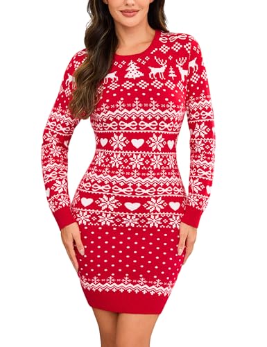 Wayleb Strickkleid Damen Weihnachten Rundhals Langarm Figurbetont Warm Pulloverkleid Mit Schneeflocken Muster, Rot M