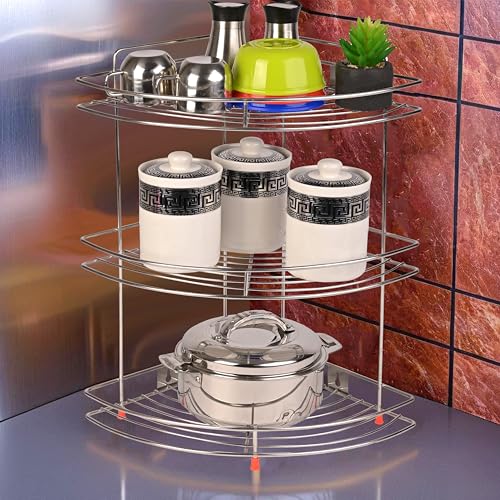 Kuber Industries Stainless Steel Multipurpose Storage Corner Rack Stand/Shelf Kitchen Rack (Silver)-KUBMART2852